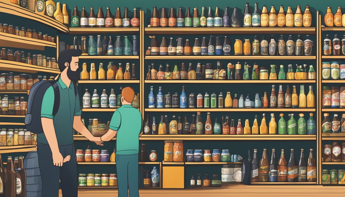 A variety of craft beer bottles and cans displayed on shelves, with a staff member offering guidance to a customer