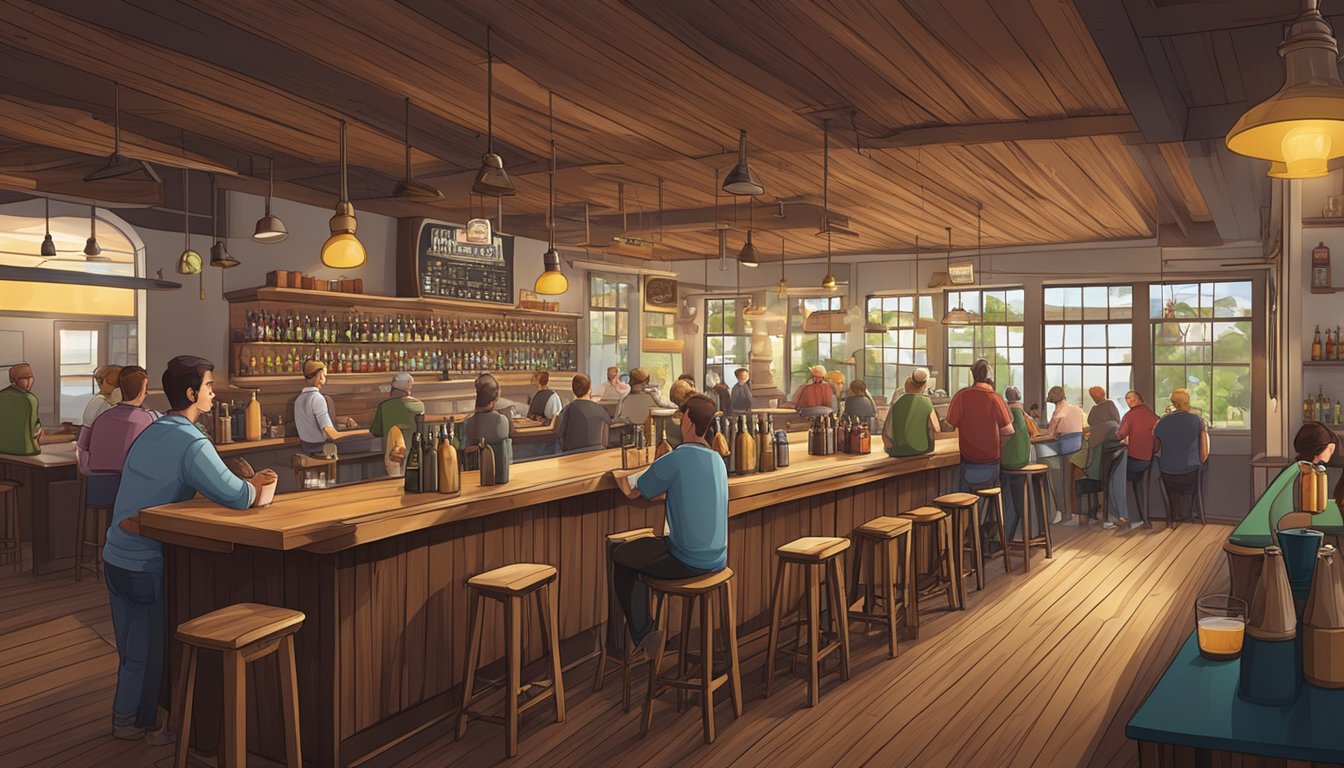 A bustling taproom with a variety of craft beer taps, wooden tables, and a lively atmosphere