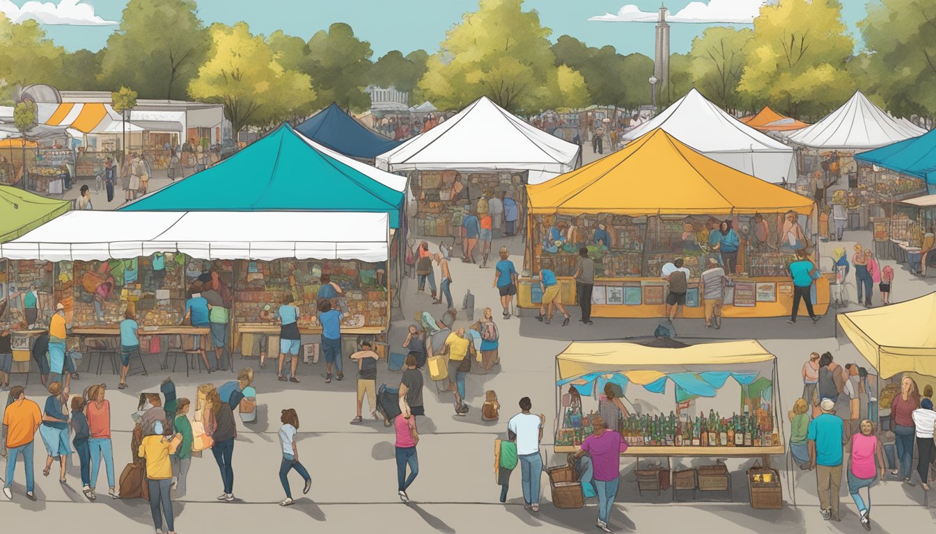 A bustling outdoor festival with colorful tents, live music, and people sampling craft beers from local vendors in Little Rock, AR