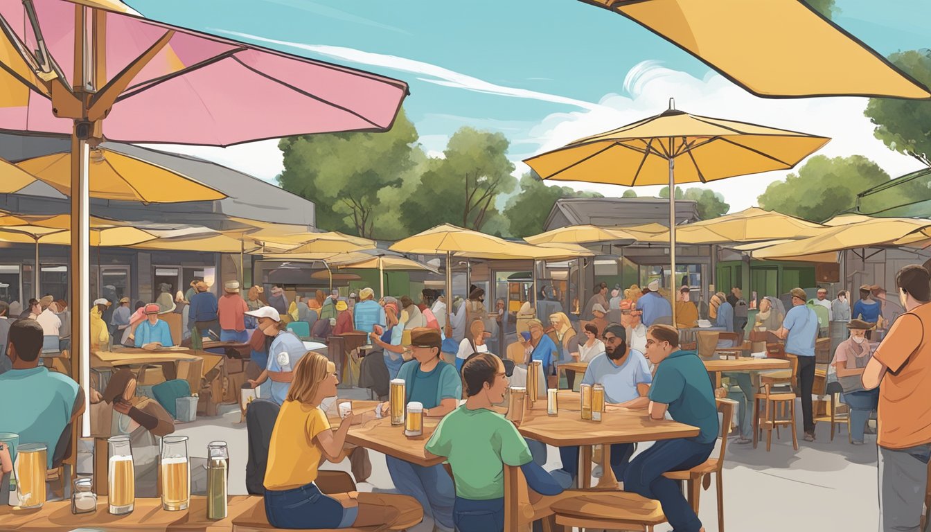 A bustling beer garden with colorful umbrellas and lively conversations, surrounded by taprooms offering a variety of local craft beers in Antioch, CA