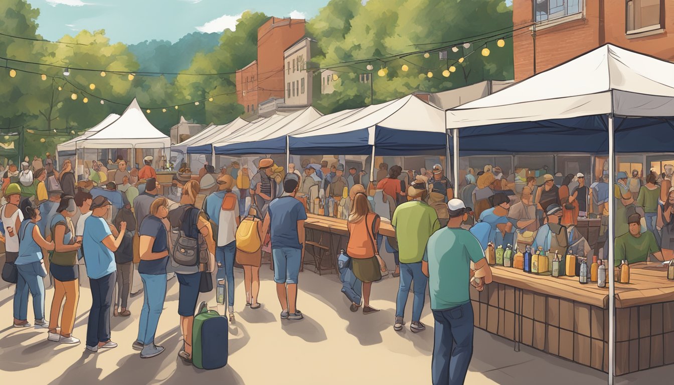 A bustling local craft beer festival in Little Rock, Arkansas, with vendors, live music, and happy patrons enjoying the community atmosphere