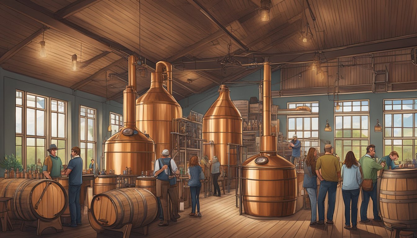 A bustling distillery in Little Rock, AR, with copper stills, wooden barrels, and a tasting room filled with patrons enjoying local craft spirits