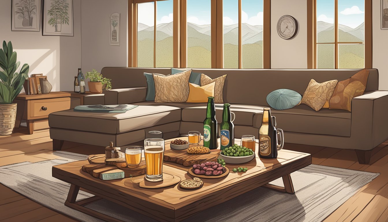 A cozy living room with a rustic wooden coffee table adorned with a variety of local craft beer bottles and glasses, accompanied by a small charcuterie board