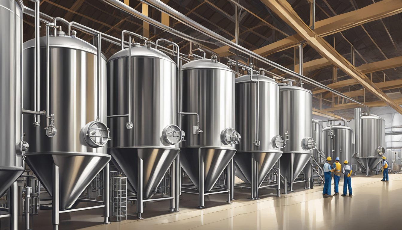 A bustling craft beer production facility in Buckeye, AZ, with workers brewing and packaging beer amidst towering stainless steel tanks