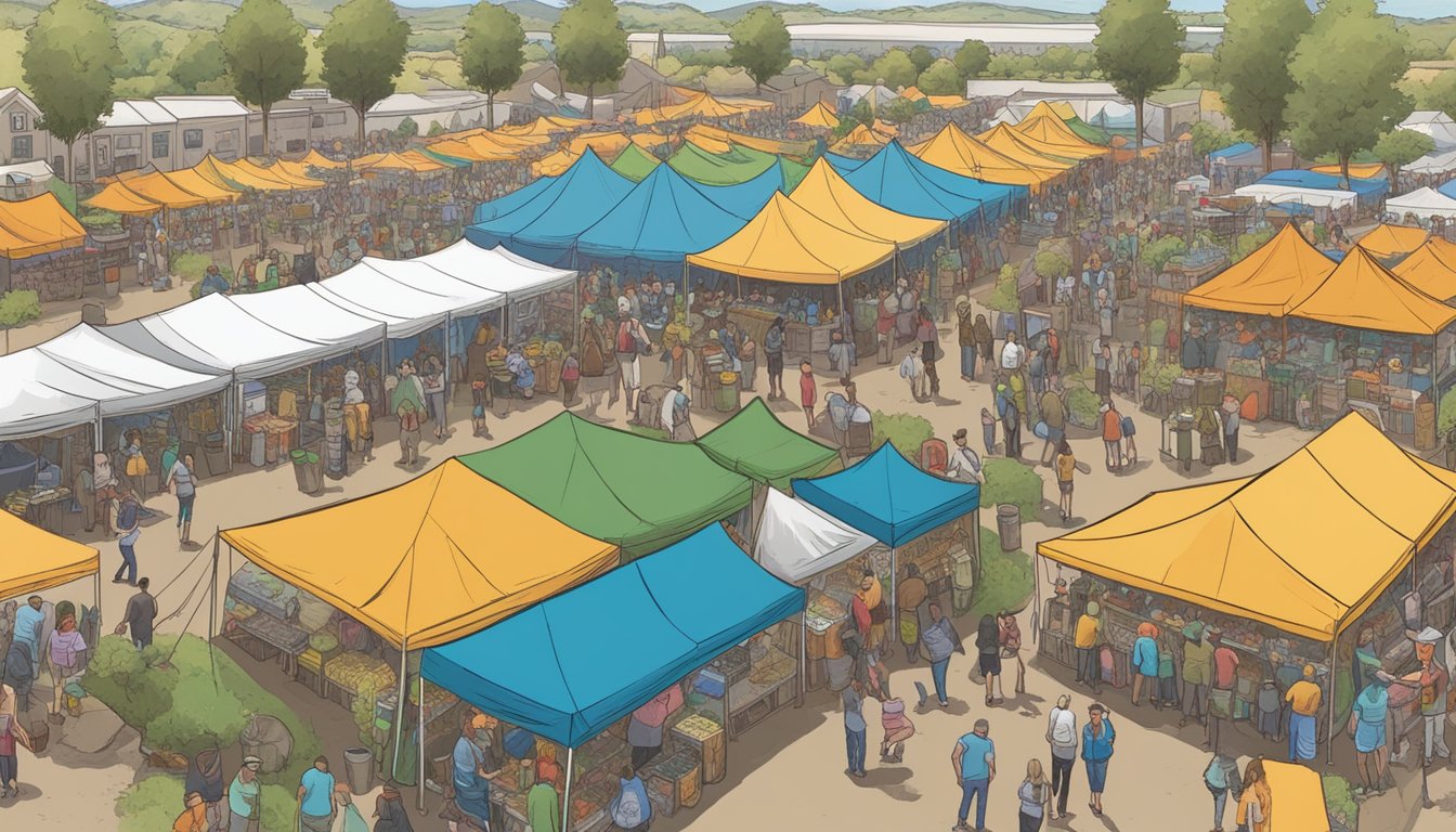 A bustling craft beer festival in Antioch, CA, with rows of colorful tents, people sampling various brews, and live music filling the air