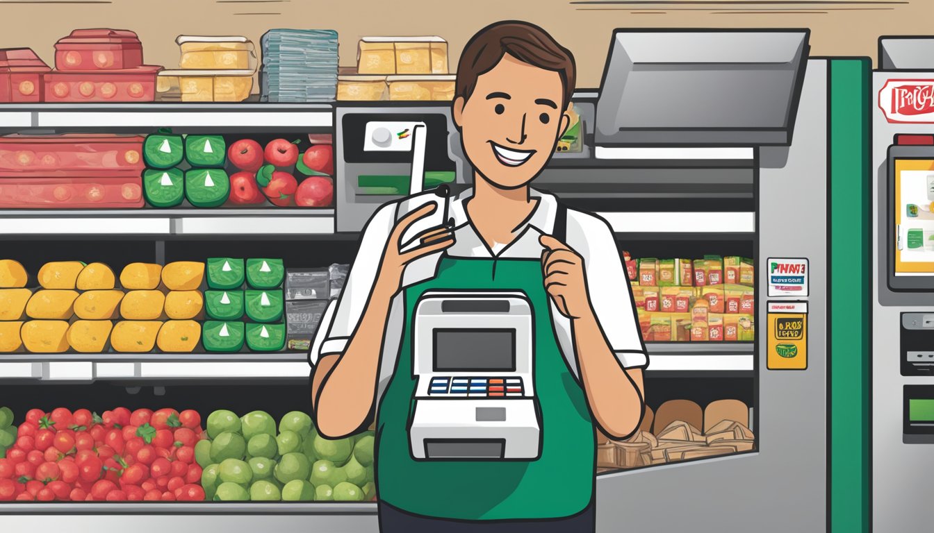 A customer holds a phone near a payment terminal at Piggly Wiggly, with the Apple Pay logo displayed on the screen