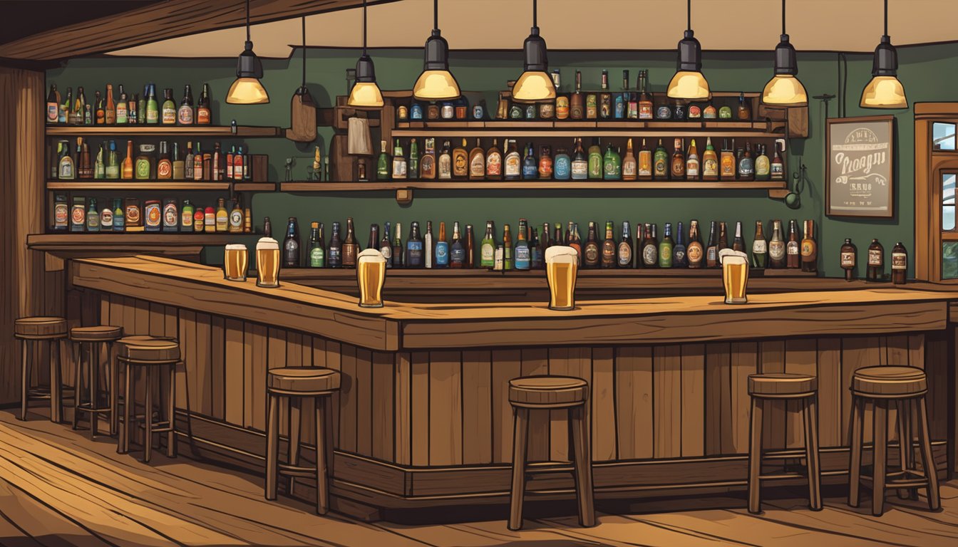 A cozy taproom with rustic wood furnishings, lined with shelves of local craft beer bottles and a row of taps behind the bar