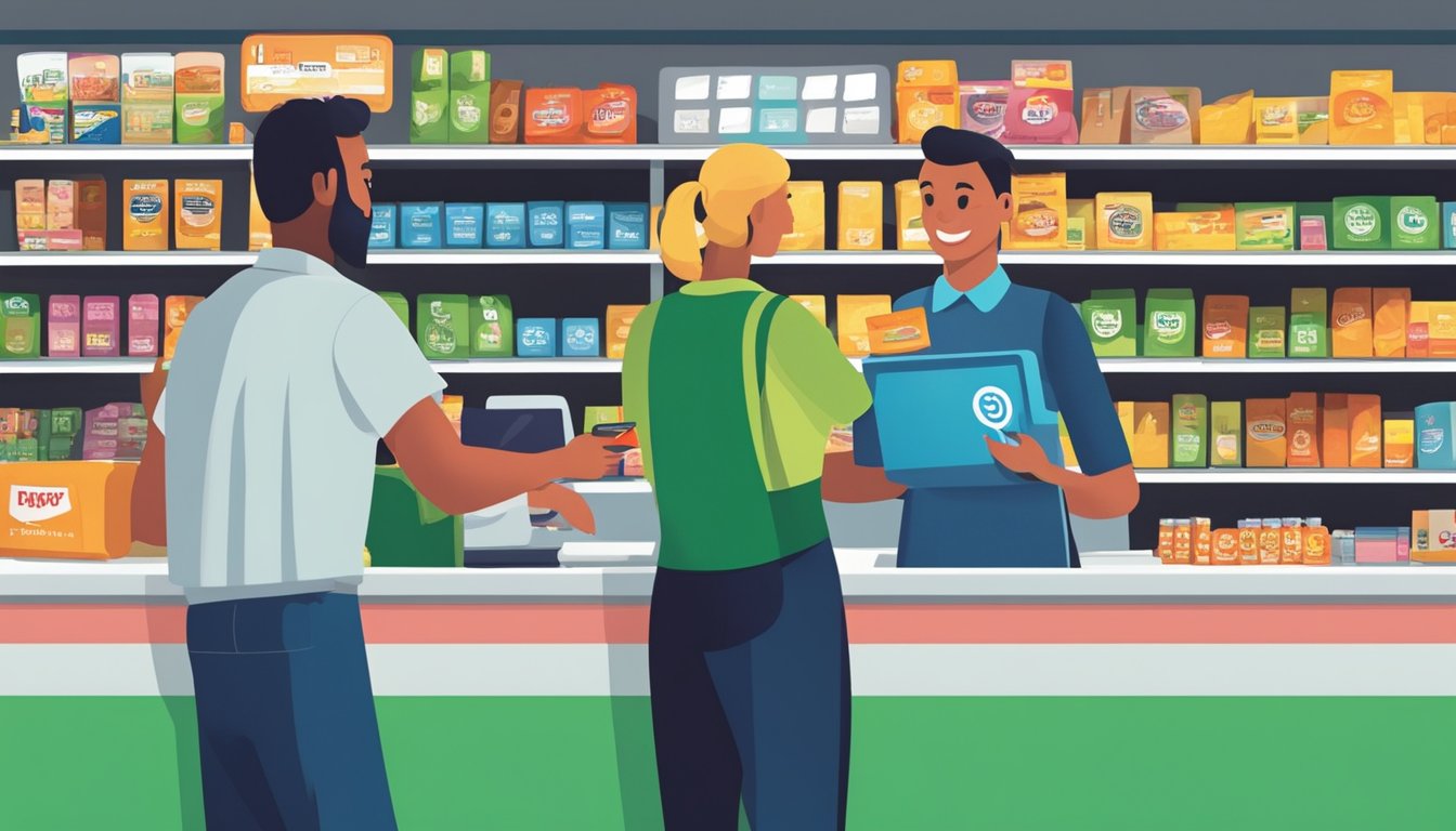 A cashier at Piggly Wiggly scans items while a customer holds up a phone and a credit card, with various payment logos displayed at the checkout counter