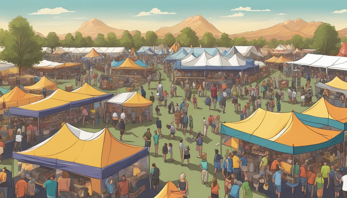 A bustling craft beer festival in Gilbert, Arizona, with rows of colorful tents, people sampling beer, and live music filling the air