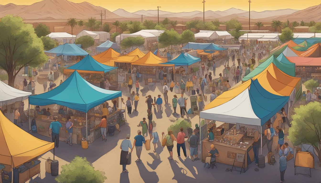 A bustling craft beer festival in Buckeye, AZ, with colorful tents, live music, and people enjoying local brews