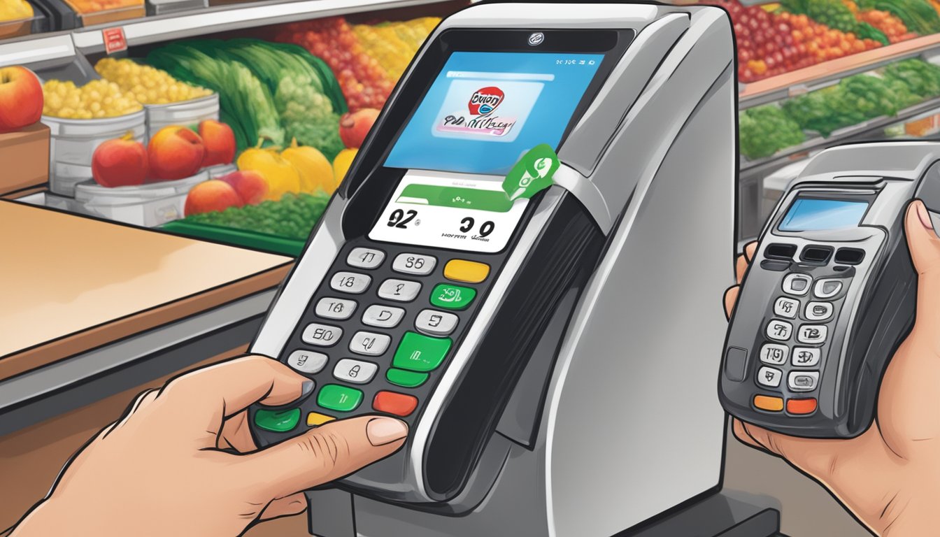 A customer taps their phone on the payment terminal at Piggly Wiggly, using Apple Pay to complete their purchase