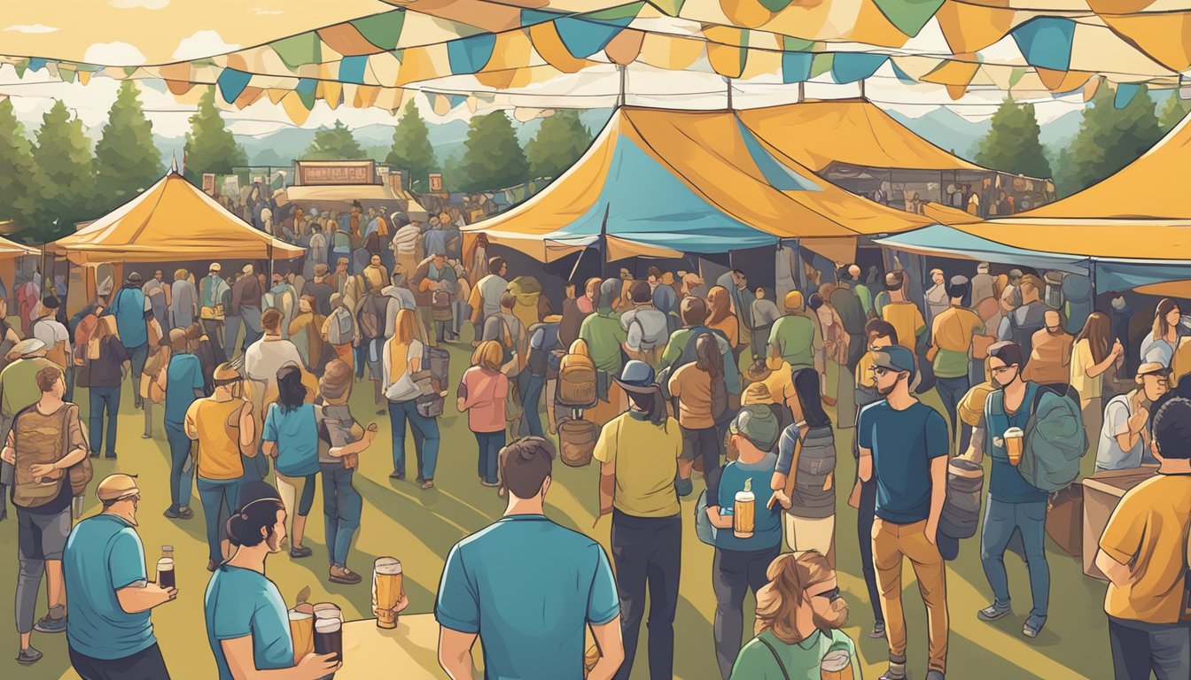 A bustling craft beer festival with various breweries showcasing their unique offerings, surrounded by enthusiastic beer enthusiasts sampling and enjoying the lively atmosphere