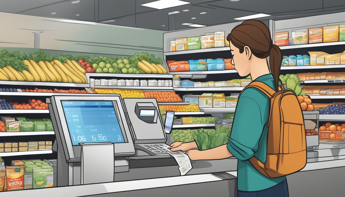 A person scanning a Harris Teeter receipt with a rain check at the cash register to maximize their grocery savings