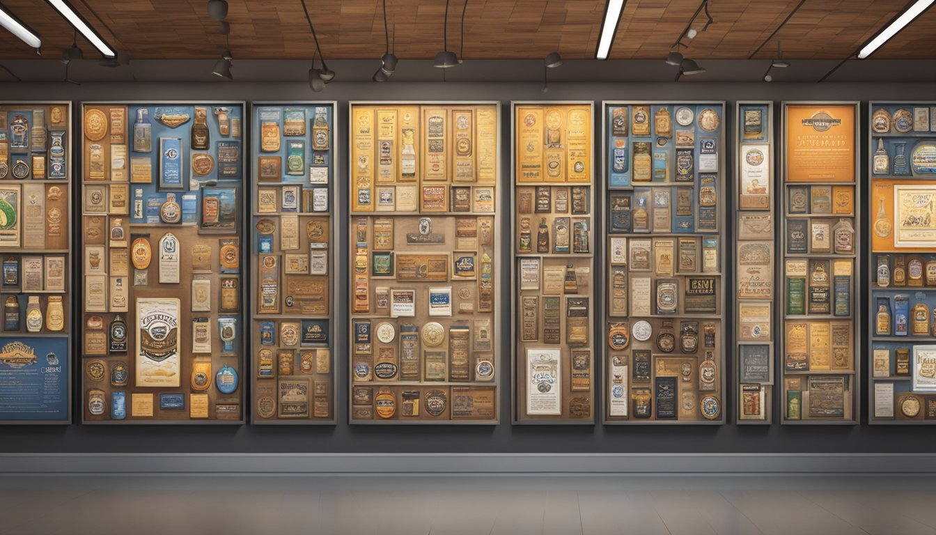 A wall covered in framed awards and recognition for local craft beers in Buckeye, AZ