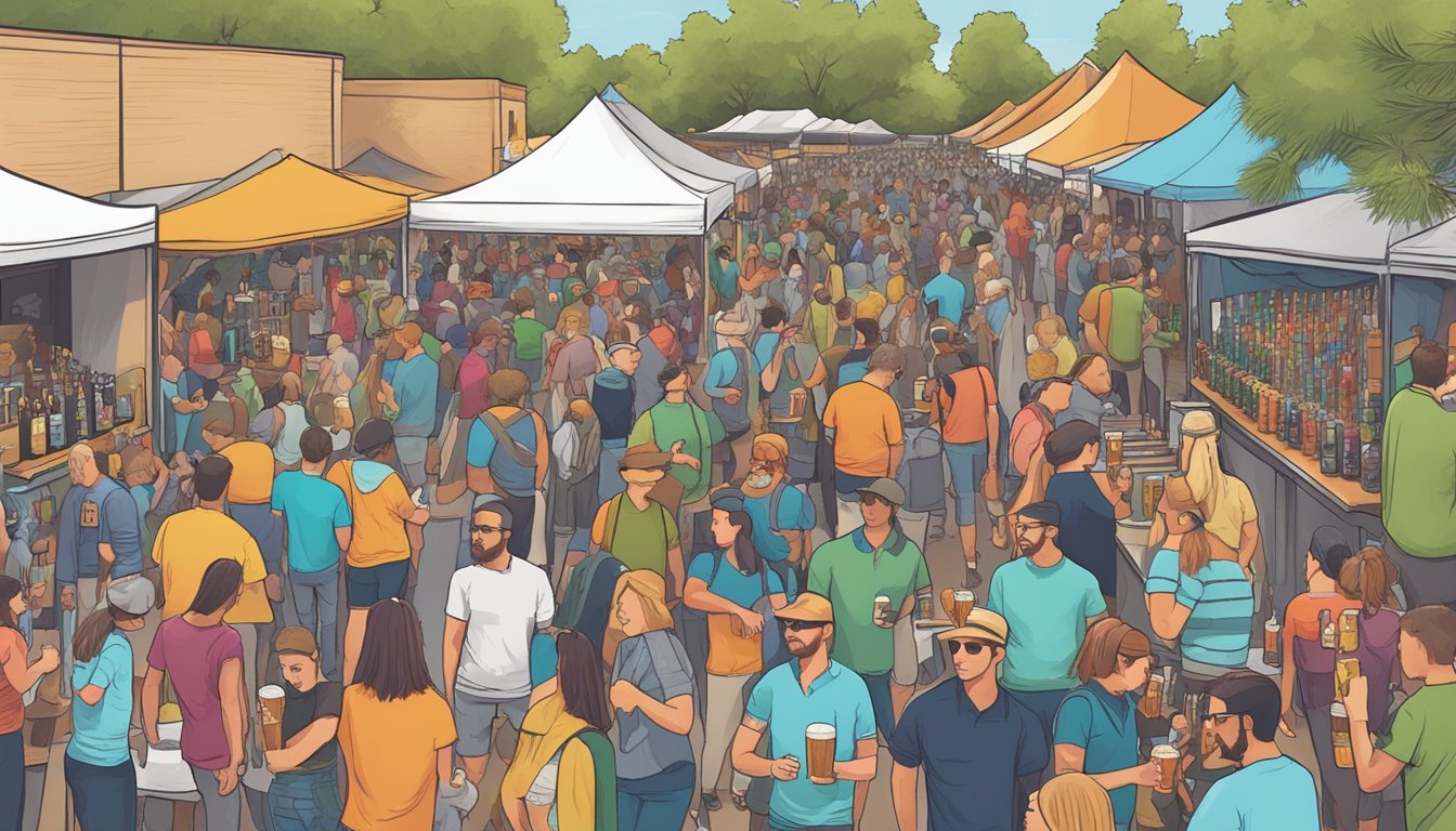 A bustling craft beer festival in Gilbert, AZ, with rows of colorful beer taps and enthusiastic patrons sampling different varieties