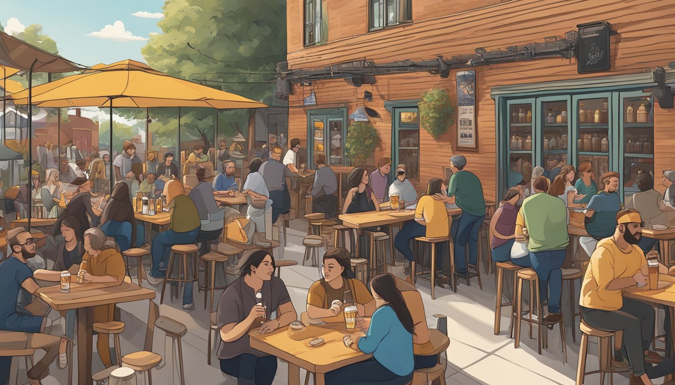 A bustling brewery scene with diverse patrons enjoying craft beer flights and outdoor seating, surrounded by local artwork and live music