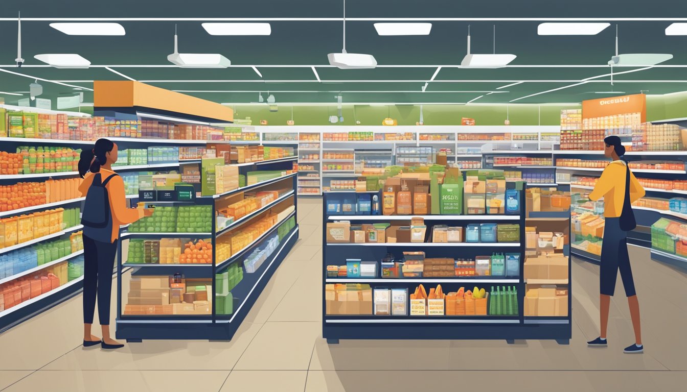 A bustling grocery store with shelves stocked with various items, customers scanning their loyalty cards at the checkout, and signs advertising regional benefits and cashback deals