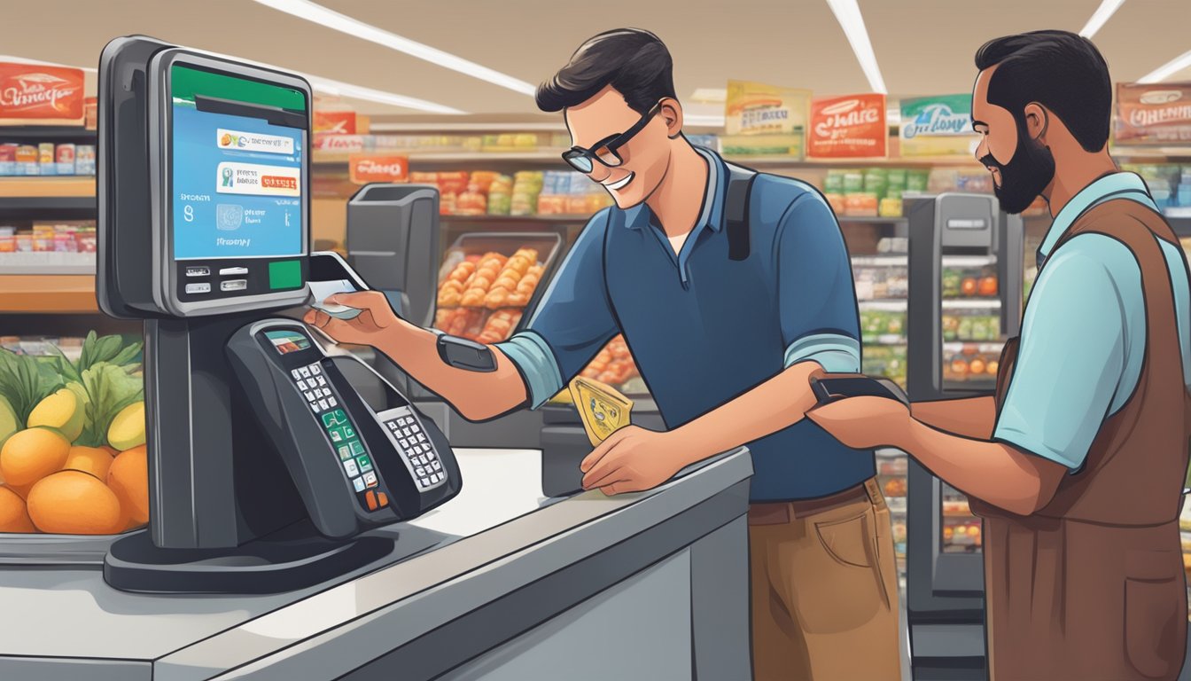 A customer tapping their smartphone to a payment terminal at the checkout counter in a Piggly Wiggly grocery store