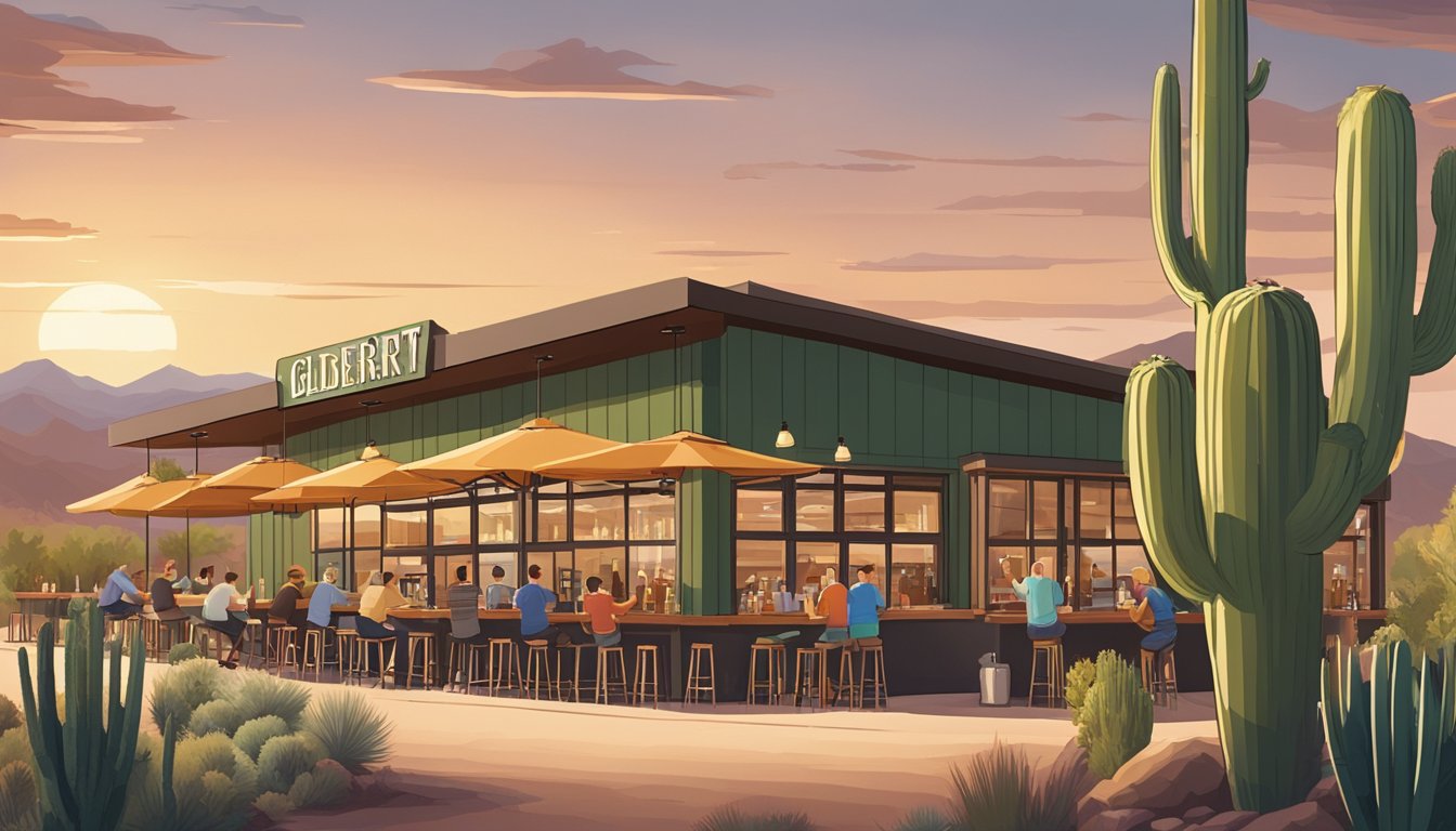 A bustling craft brewery in Gilbert, AZ with a lively outdoor patio, surrounded by desert landscape and cacti. Customers enjoy tasting flights and socializing