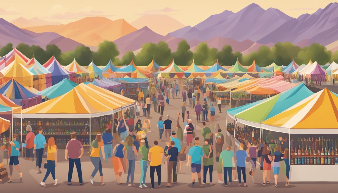 A bustling craft beer festival in Gilbert, Arizona, with rows of colorful beer tents and excited patrons sampling various brews