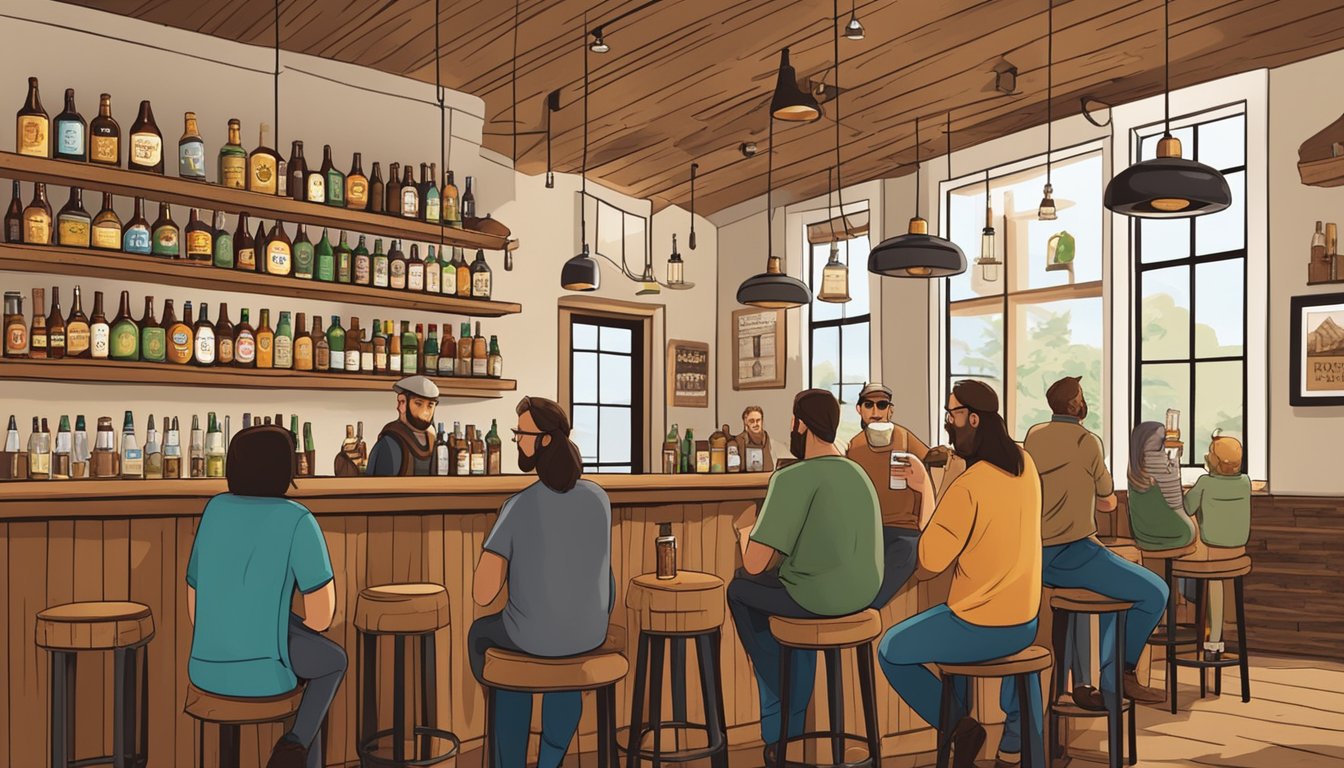 A cozy tasting room with rustic decor, shelves of craft beer bottles, and a bar with taps, surrounded by locals enjoying beer flights and conversation