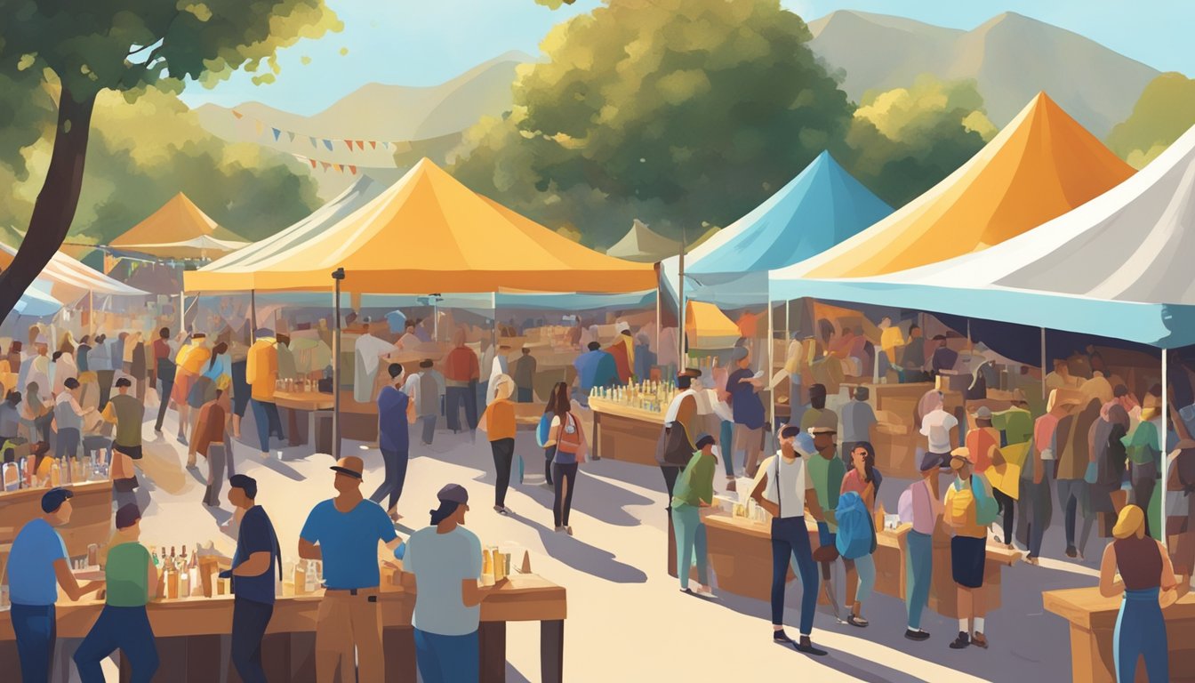 A bustling outdoor beer festival with colorful brewery tents, lively music, and people enjoying craft beer in the sunny Burbank, CA