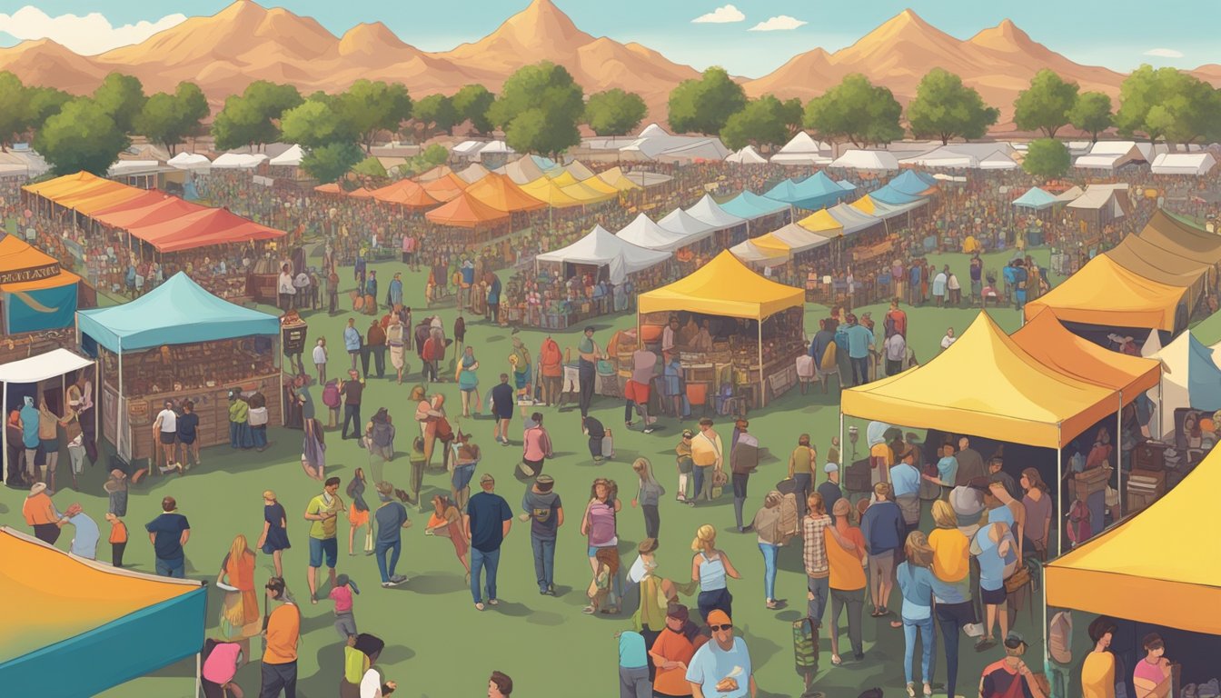 A bustling craft beer festival in Mesa, Arizona, with rows of colorful tents, people sampling brews, and live music filling the air