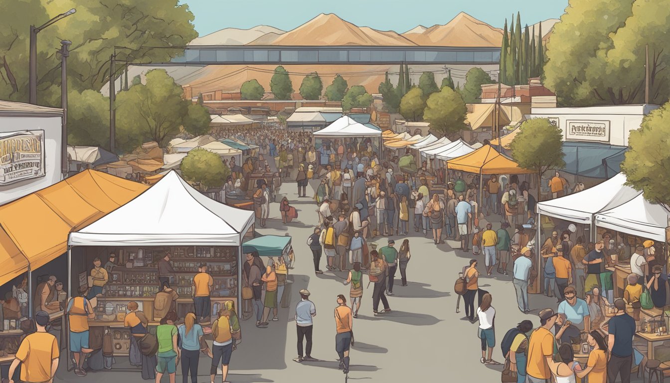 A bustling craft beer festival in Burbank, CA, with vendors, live music, and engaged community members enjoying the local brews