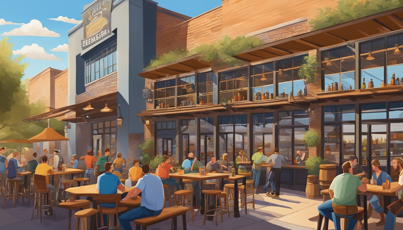 A bustling brewery scene with patrons enjoying craft beer flights and outdoor seating in Mesa, AZ. Vibrant signage and industrial brewing equipment add to the lively atmosphere