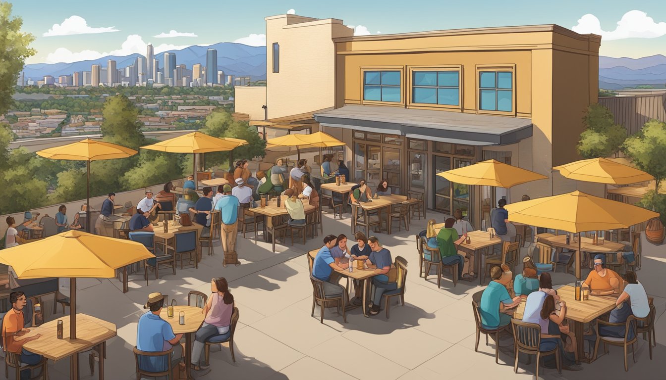 A bustling craft brewery with outdoor seating and a view of the Burbank skyline. Patrons enjoy a variety of locally brewed beers while chatting and relaxing