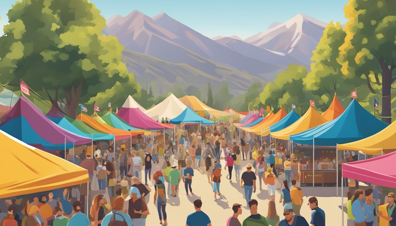 A bustling craft beer festival in Glendale, with rows of colorful tents and a lively crowd sampling various brews