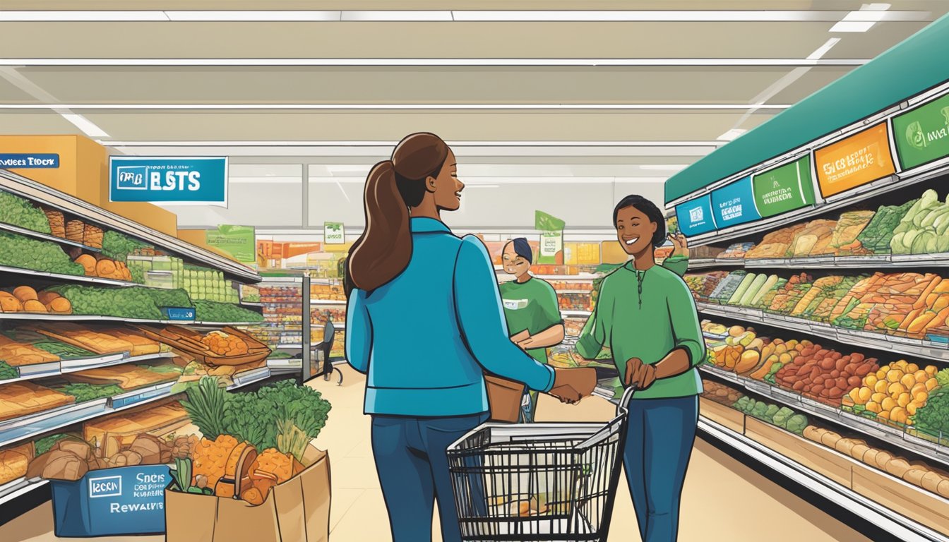 A shopper at Food Lion uses their cashback rewards to maximize savings, while other store shoppers look on enviously