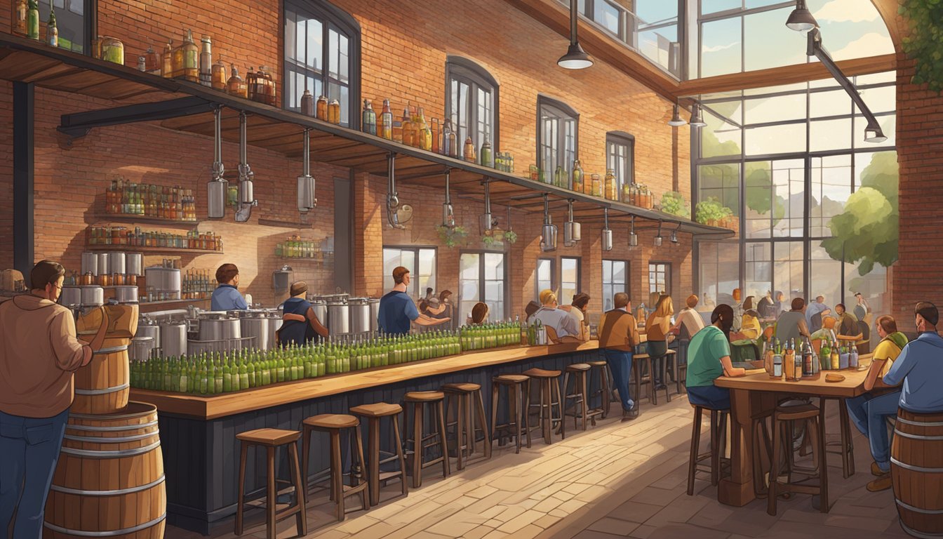 A bustling brewery with stainless steel tanks, wooden barrels, and a row of taps against a brick wall. Customers gather around high tables, sipping on various craft beers