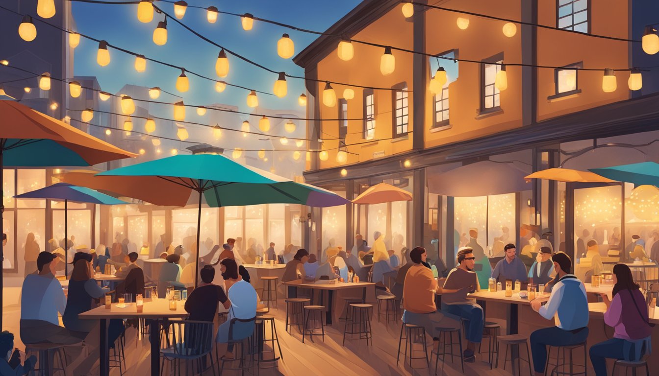 A bustling brewery patio with people chatting, clinking glasses, and enjoying craft beer under string lights and colorful umbrellas