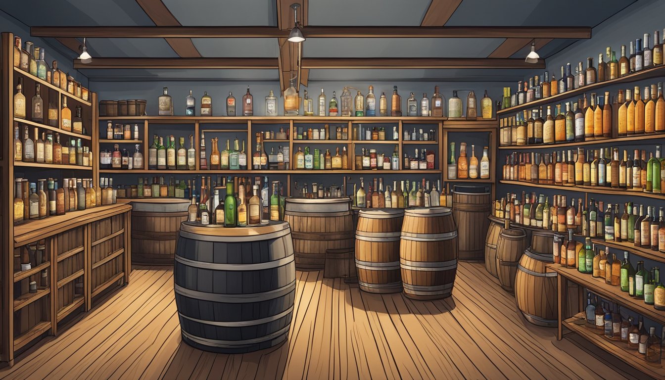 A bustling local distillery with a variety of unique spirits on display, surrounded by shelves of artisanal craft beer