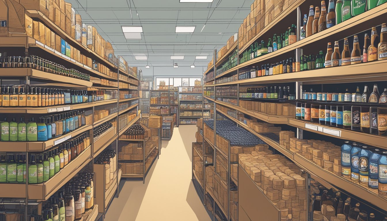 A bustling craft beer retail and distribution center in Mesa, AZ, with shelves stocked with a variety of local brews and customers browsing the selection