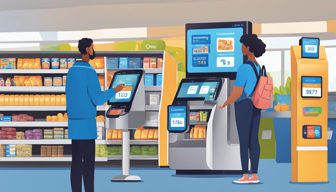 Customers scanning items at self-checkout, while a digital display shows Kroger cashback rewards being applied to their total