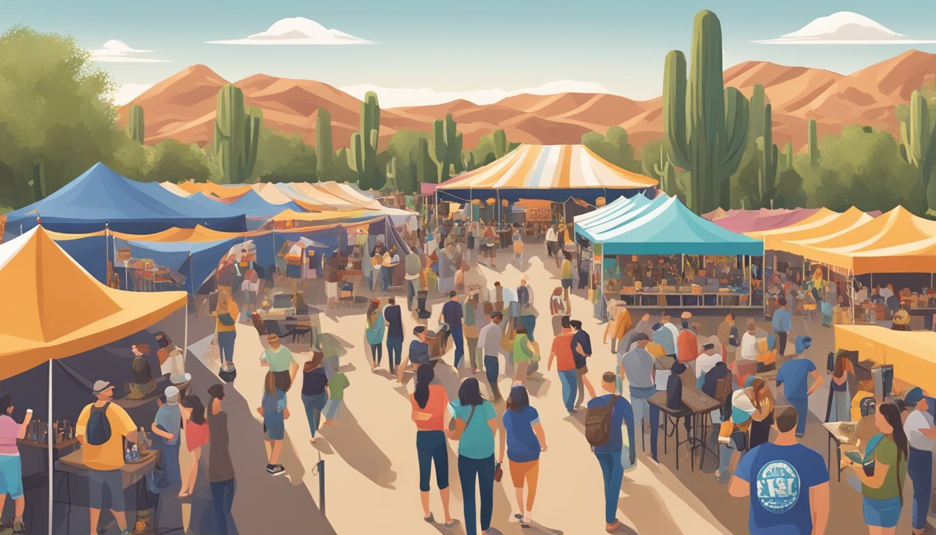 A bustling craft beer festival in Mesa, AZ, with colorful tents, live music, and diverse crowds enjoying local brews