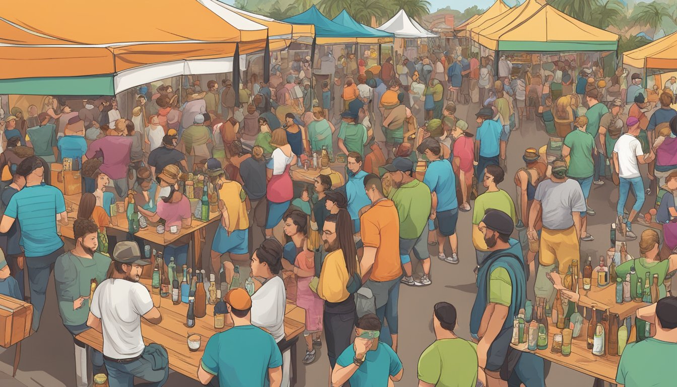 A bustling craft beer festival in Chula Vista, with a variety of colorful beer taps and enthusiastic patrons sampling different brews