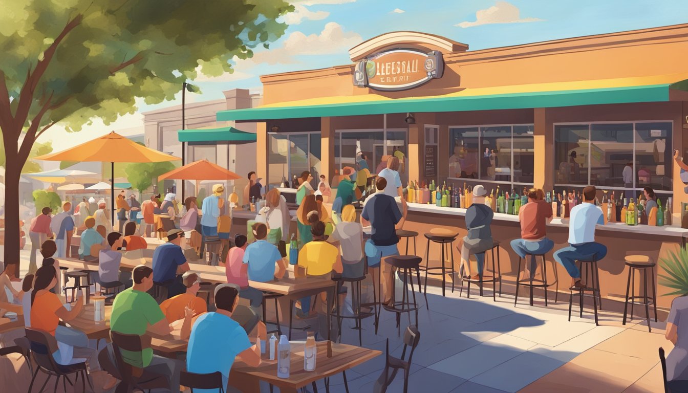 A sunny outdoor patio with a variety of colorful craft beer taps and a bustling crowd enjoying the local brews in Glendale, AZ