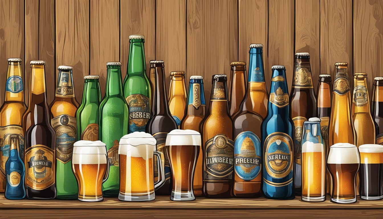 A colorful array of beer glasses and bottles, each representing a different style of craft beer, arranged on a rustic wooden table