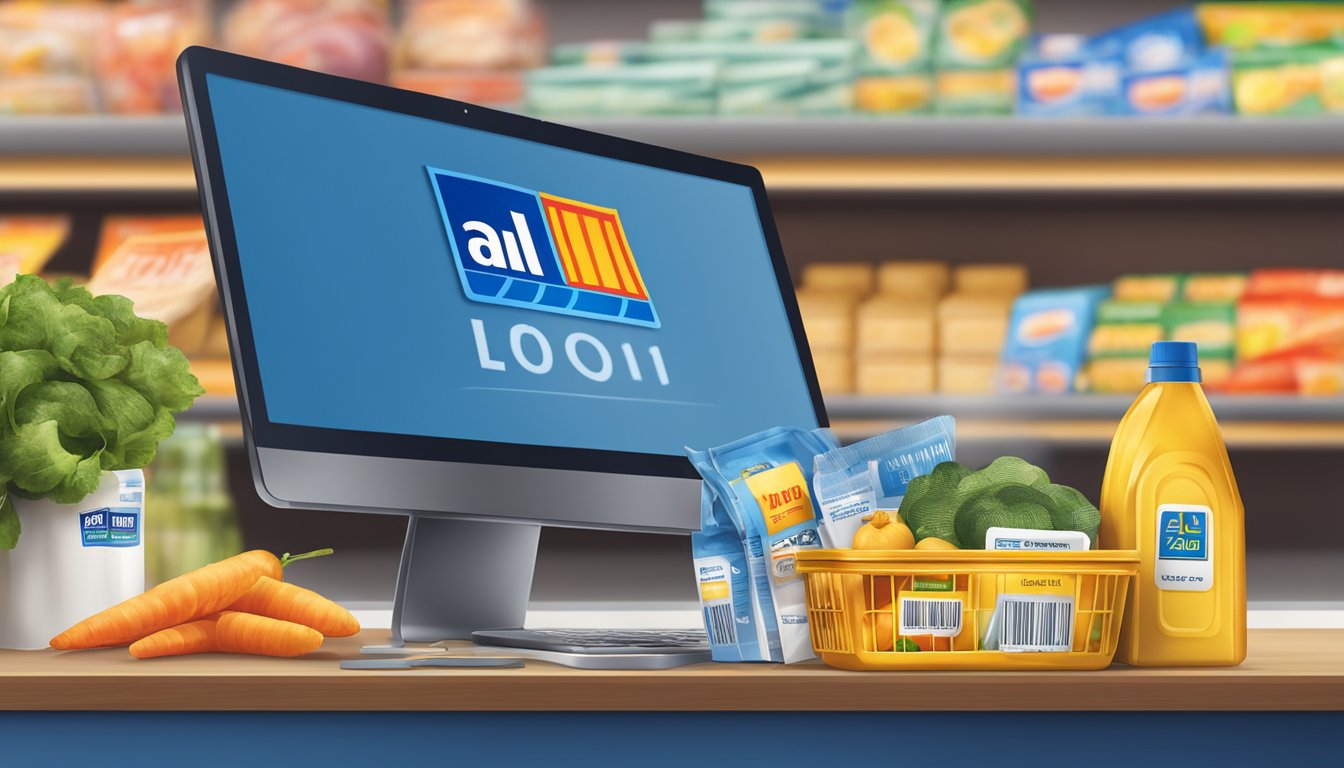 Aldi logo above a checkout counter with a stack of groceries and a cashback receipt