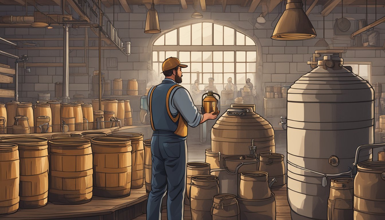 A brewery worker monitors the boiling kettle as steam rises, surrounded by sacks of malt and hops. Bottles and kegs line the walls, labeled with the brewery's logo