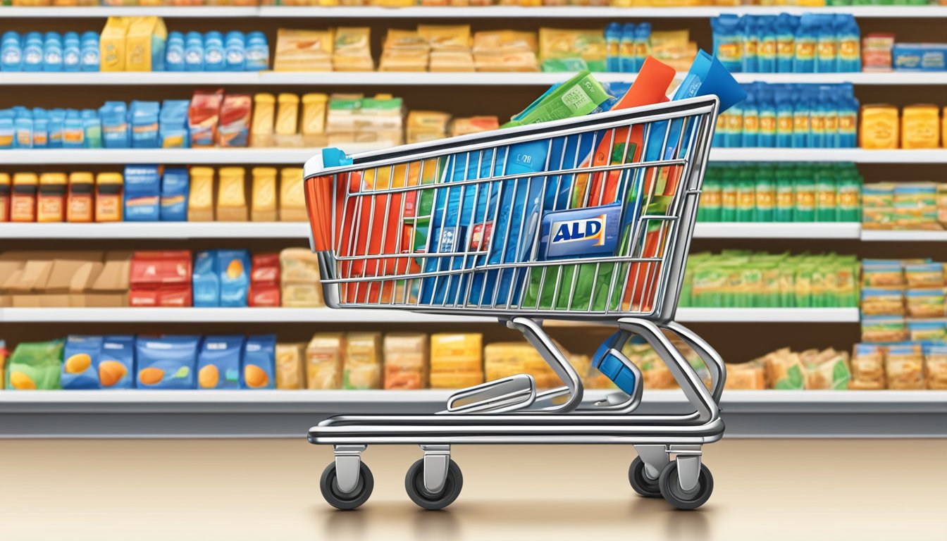 A shopping cart filled with Aldi brand products and a receipt showing cashback savings