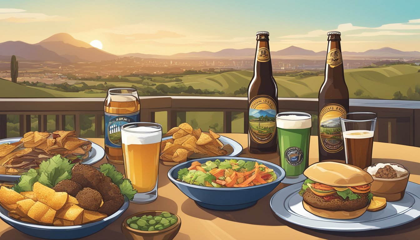 A table set with a variety of local craft beers and paired food items, with Chula Vista, CA scenery in the background