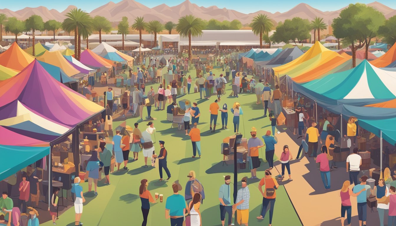 A bustling craft beer festival in Scottsdale, Arizona, with rows of colorful tents, live music, and people enjoying tastings and socializing