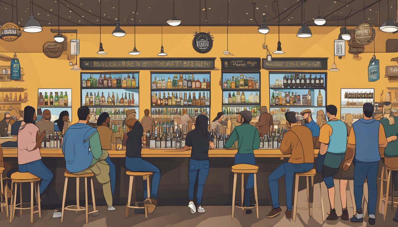 A bustling craft beer taproom in Chula Vista, CA, with a variety of unique brews on display and customers sampling and purchasing their favorites