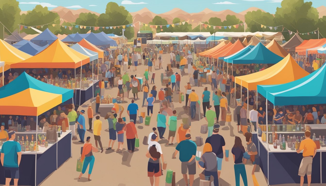 A bustling craft beer festival in Peoria, Arizona with rows of colorful tents, live music, and people enjoying locally brewed beers