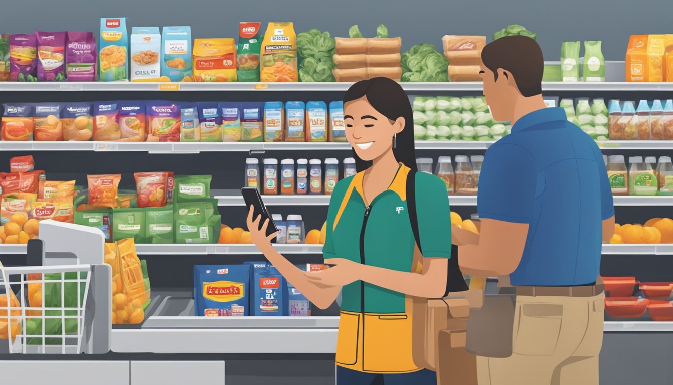 A customer holding an iPhone at an H-E-B checkout, while a cashier scans groceries. A competitor's store is visible in the background