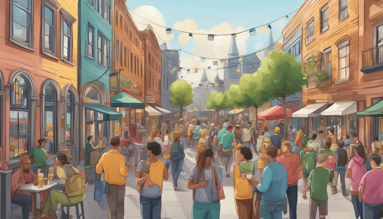 A bustling street lined with colorful breweries and taphouses, with patrons enjoying craft beer and lively conversations